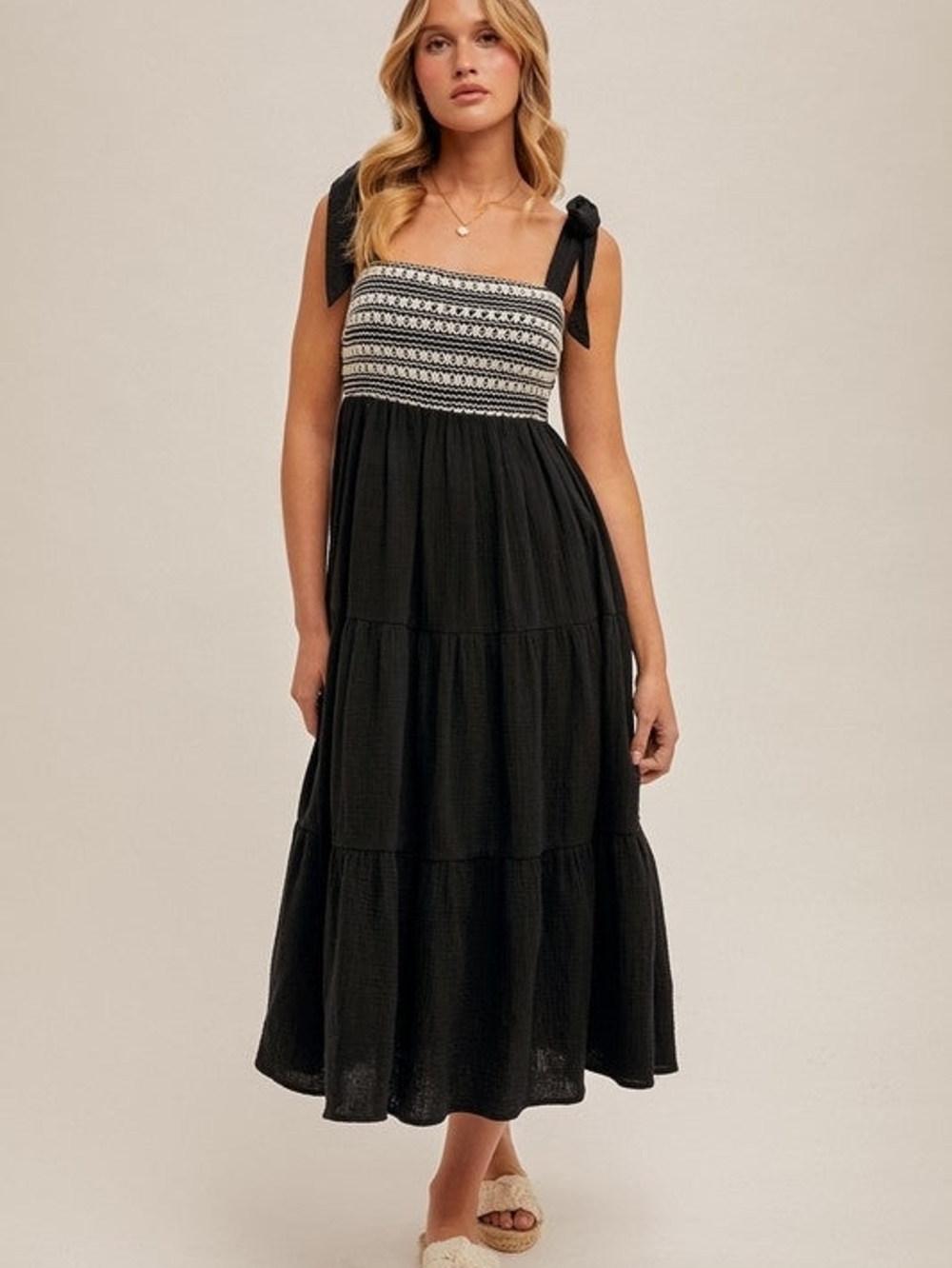 Crochet Bust Cotton Black Tiered Shoulder Tie Midi Dress with Embroidered Bodice